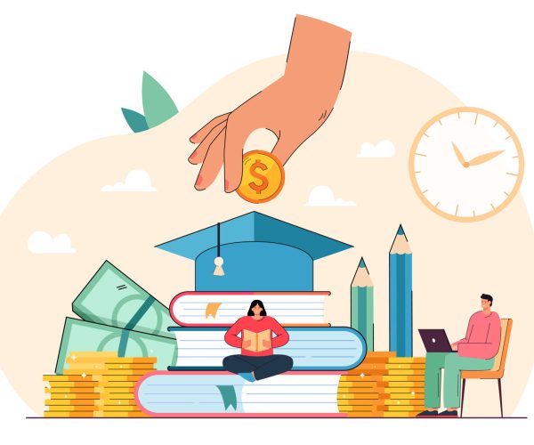 Tiny students sitting near books getting university degree and paying money. Education business flat vector illustration. College scholarship, finance system, school fee, economy, student loan concept